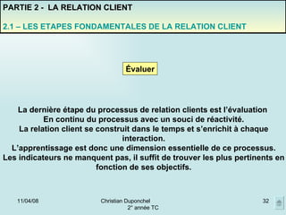 02/06/09 Christian Duponchel  2° année TC Évaluer La dernière étape du processus de relation clients est l’évaluation  En continu du processus avec un souci de réactivité. La relation client se construit dans le temps et s’enrichit à chaque interaction. L’apprentissage est donc une dimension essentielle de ce processus. Les indicateurs ne manquent pas, il suffit de trouver les plus pertinents en fonction de ses objectifs. PARTIE 2 -  LA RELATION CLIENT 2.1 – LES ETAPES FONDAMENTALES DE LA RELATION CLIENT 