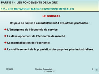 02/06/09 Christian Duponchel  2° année TC On peut se limiter à essentiellement 4 évolutions profondes : L’émergence de l’économie de service Le développement de l’économie de marché La mondialisation de l’économie Le vieillissement de la population des pays les plus industrialisés. LE CONSTAT PARTIE 1 -  LES FONDEMENTS DE LA GRC 1.2 – LES MUTATIONS MACRO ENVIRONNEMENTALES 