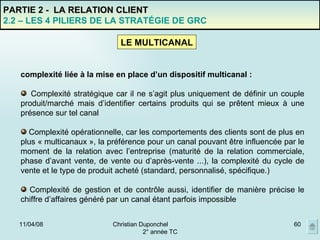 02/06/09 Christian Duponchel  2° année TC PARTIE 2 -  LA RELATION CLIENT 2.2 – LES 4 PILIERS DE LA STRATÉGIE DE GRC LE MULTICANAL complexité liée à la mise en place d’un dispositif multicanal :    Complexité stratégique car il ne s’agit plus uniquement de définir un couple produit/marché mais d’identifier certains produits qui se prêtent mieux à une présence sur tel canal  Complexité opérationnelle, car les comportements des clients sont de plus en plus « multicanaux », la préférence pour un canal pouvant être influencée par le moment de la relation avec l’entreprise (maturité de la relation commerciale, phase d’avant vente, de vente ou d’après-vente ...), la complexité du cycle de vente et le type de produit acheté (standard, personnalisé, spécifique.)  Complexité de gestion et de contrôle aussi, identifier de manière précise le chiffre d’affaires généré par un canal étant parfois impossible 