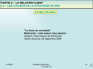 02/06/09 Christian Duponchel  2° année TC PARTIE 2 -  LA RELATION CLIENT 2.2 – LES 4 PILIERS DE LA STRATÉGIE DE GRC LE MULTICANAL "Le blues du cannibale" Multicanal : vrais enjeux, faux espoirs Adetem, Club Canaux de distribution Cédric Ducrocq, 26 septembre 2006 