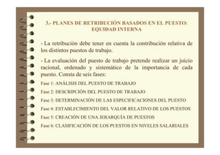 3.- PLANES DE RETRIBUCIÓN BASADOS EN EL PUESTO:
EQUIDAD INTERNA
- La retribución debe tener en cuenta la contribución relativa de
los distintos puestos de trabajo.
- La evaluación del puesto de trabajo pretende realizar un juicio
racional, ordenado y sistemático de la importancia de cada
puesto. Consta de seis fases:
Fase 1: ANÁLISIS DEL PUESTO DE TRABAJO
Fase 2: DESCRIPCIÓN DEL PUESTO DE TRABAJO
Fase 3: DETERMINACIÓN DE LAS ESPECIFICACIONES DEL PUESTO
Fase 4: ESTABLECIMIENTO DEL VALOR RELATIVO DE LOS PUESTOS
Fase 5: CREACIÓN DE UNA JERARQUÍA DE PUESTOS
Fase 6: CLASIFICACIÓN DE LOS PUESTOS EN NIVELES SALARIALES
 
