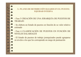 3.- PLANES DE RETRIBUCIÓN BASADOS EN EL PUESTO:
EQUIDAD INTERNA
- Fase 5 CREACIÓN DE UNA JERARQUÍA DE PUESTOS DE
TRABAJO
- Se elabora un listado de puestos en función de su valor relativo
estimado
- Fase 6 CLASIFICACIÓN DE PUESTOS EN FUNCIÓN DE
NIVELES SALARIALES
- El listado de puestos de trabajo jerarquizados puede agruparse
en niveles a los que les corresponde un rango de puntuación
 