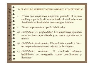 3.- PLANES DE RETRIBUCIÓN BASADOS EN COMPETENCIAS
- Todos los empleados empiezan ganando el mismo
sueldo y a partir de ahí van subiendo el nivel salarial en
función de las habilidades que consigan dominar
- Se recompensan tres tipo de habilidades:
a) Habilidades en profundidad: Los empleados aprenden
sobre un área especializada y se hacen expertos en la
misma
b) Habilidades horizontales: El empleado aprende a hacer
un mayor número de tareas dentro de la empresa
c) Habilidades verticales: El empleado adquiere
habilidades de autogestión como coordinación y
liderazgo
 