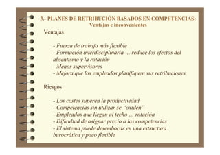 3.- PLANES DE RETRIBUCIÓN BASADOS EN COMPETENCIAS:
Ventajas e inconvenientes
Ventajas
- Fuerza de trabajo más flexible
- Formación interdisciplinaria … reduce los efectos del
absentismo y la rotación
- Menos supervisores
- Mejora que los empleados planifiquen sus retribuciones
Riesgos
- Los costes superen la productividad
- Competencias sin utilizar se “oxiden”
- Empleados que llegan al techo … rotación
- Dificultad de asignar precio a las competencias
- El sistema puede desembocar en una estructura
burocrática y poco flexible
 