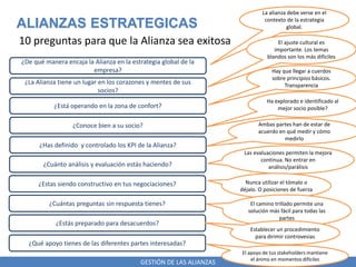 GESTIÓN DE LAS ALIANZAS
ALIANZAS ESTRATEGICAS
10 preguntas para que la Alianza sea exitosa
¿La Alianza tiene un lugar en los corazones y mentes de sus
socios?
La alianza debe verse en el
contexto de la estrategia
global.
¿De qué manera encaja la Alianza en la estrategia global de la
empresa?
¿Está operando en la zona de confort?
¿Conoce bien a su socio?
¿Has definido y controlado los KPI de la Alianza?
¿Cuánto análisis y evaluación estás haciendo?
¿Estas siendo constructivo en tus negociaciones?
¿Cuántas preguntas sin respuesta tienes?
¿Estás preparado para desacuerdos?
¿Qué apoyo tienes de las diferentes partes interesadas?
El ajuste cultural es
importante. Los temas
blandos son los más dificiles
Hay que llegar a cuerdos
sobre principios básicos.
Transparencia
Ha explorado e identificado al
mejor socio posible?
Ambas partes han de estar de
acuerdo en qué medir y cómo
medirlo
Las evaluaciones permiten la mejora
continua. No entrar en
análisis/parálisis
Nunca utilizar el tómalo o
déjalo. O posiciones de fuerza
El camino trillado permite una
solución más fácil para todas las
partes
Establecer un procedimiento
para dirimir controvesias
El apoyo de tus stakeholders mantiene
el ánimo en momentos difíciles
 