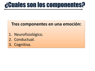 Tres componentes en una emoción:
1. Neurofisiológico.
2. Conductual.
3. Cognitiva.
 