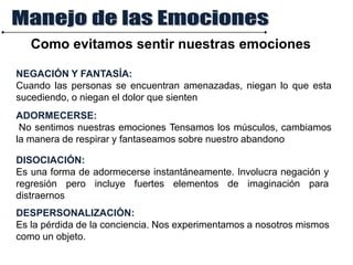 DESPERSONALIZACIÓN:
Es la pérdida de la conciencia. Nos experimentamos a nosotros mismos
como un objeto.
Como evitamos sentir nuestras emociones
NEGACIÓN Y FANTASÍA:
Cuando las personas se encuentran amenazadas, niegan lo que esta
sucediendo, o niegan el dolor que sienten
ADORMECERSE:
No sentimos nuestras emociones Tensamos los músculos, cambiamos
la manera de respirar y fantaseamos sobre nuestro abandono
DISOCIACIÓN:
Es una forma de adormecerse instantáneamente. Involucra negación y
regresión pero incluye fuertes elementos de imaginación para
distraernos
 