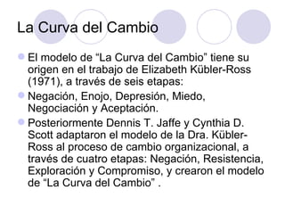La Curva del Cambio
 El modelo de “La Curva del Cambio” tiene su
  origen en el trabajo de Elizabeth Kübler-Ross
  (1971), a través de seis etapas:
 Negación, Enojo, Depresión, Miedo,
  Negociación y Aceptación.
 Posteriormente Dennis T. Jaffe y Cynthia D.
  Scott adaptaron el modelo de la Dra. Kübler-
  Ross al proceso de cambio organizacional, a
  través de cuatro etapas: Negación, Resistencia,
  Exploración y Compromiso, y crearon el modelo
  de “La Curva del Cambio” .
 