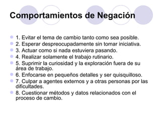 Comportamientos de Negación

 1. Evitar el tema de cambio tanto como sea posible.
 2. Esperar despreocupadamente sin tomar iniciativa.
 3. Actuar como si nada estuviera pasando.
 4. Realizar solamente el trabajo rutinario.
 5. Suprimir la curiosidad y la exploración fuera de su
  área de trabajo.
 6. Enfocarse en pequeños detalles y ser quisquilloso.
 7. Culpar a agentes externos y a otras personas por las
  dificultades.
 8. Cuestionar métodos y datos relacionados con el
  proceso de cambio.
 