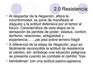 2.0 Resistencia
 Al despertar de la Negación, aflora la
  inconformidad, se pone de manifiesto el
  disgusto y la actitud defensiva por el temor al
  futuro. Característico de esta etapa es la
  sensación de perdida de poder, estatus, confort,
  territorio, relaciones, antigüedad y
  experiencia……¡se pisa sobre terreno frágil!
 A diferencia de la etapa de Negación, aquí es
  fácilmente reconocible la actitud de resistencia
  al cambio, sin embargo una situación peligrosa
  se presenta cuando se combate el cambio “tras
 bambalinas” con una actitud pasivo-agresiva.
 