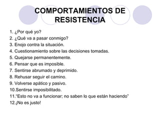 COMPORTAMIENTOS DE
               RESISTENCIA
1. ¿Por qué yo?
2. ¿Qué va a pasar conmigo?
3. Enojo contra la situación.
4. Cuestionamiento sobre las decisiones tomadas.
5. Quejarse permanentemente.
6. Pensar que es imposible.
7. Sentirse abrumado y deprimido.
8. Rehusar seguir el camino.
9. Volverse apático y pasivo.
10.Sentirse imposibilitado.
11.“Esto no va a funcionar; no saben lo que están haciendo”
12.¡No es justo!
 