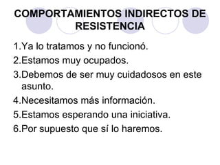 COMPORTAMIENTOS INDIRECTOS DE
        RESISTENCIA
1.Ya lo tratamos y no funcionó.
2.Estamos muy ocupados.
3.Debemos de ser muy cuidadosos en este
  asunto.
4.Necesitamos más información.
5.Estamos esperando una iniciativa.
6.Por supuesto que sí lo haremos.
 