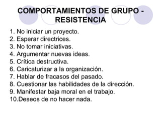COMPORTAMIENTOS DE GRUPO -
         RESISTENCIA
1. No iniciar un proyecto.
2. Esperar directrices.
3. No tomar iniciativas.
4. Argumentar nuevas ideas.
5. Crítica destructiva.
6. Caricaturizar a la organización.
7. Hablar de fracasos del pasado.
8. Cuestionar las habilidades de la dirección.
9. Manifestar baja moral en el trabajo.
10.Deseos de no hacer nada.
 