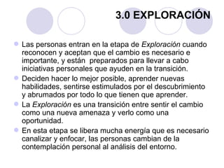 3.0 EXPLORACIÓN

 Las personas entran en la etapa de Exploración cuando
  reconocen y aceptan que el cambio es necesario e
  importante, y están preparados para llevar a cabo
  iniciativas personales que ayuden en la transición.
 Deciden hacer lo mejor posible, aprender nuevas
  habilidades, sentirse estimulados por el descubrimiento
  y abrumados por todo lo que tienen que aprender.
 La Exploración es una transición entre sentir el cambio
  como una nueva amenaza y verlo como una
  oportunidad.
 En esta etapa se libera mucha energía que es necesario
  canalizar y enfocar, las personas cambian de la
  contemplación personal al análisis del entorno.
 