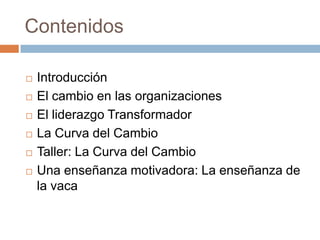 ContenidosIntroducciónEl cambio en las organizacionesEl liderazgo TransformadorLa Curva del CambioTaller: La Curva del CambioUna enseñanza motivadora: La enseñanza de la vaca
