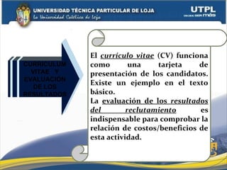 El currículo vitae (CV) funciona
como una tarjeta de
presentación de los candidatos.
Existe un ejemplo en el texto
básico.
La evaluación de los resultados
del reclutamiento es
indispensable para comprobar la
relación de costos/beneficios de
esta actividad.
CURRICULUM
VITAE Y
EVALUACIÓN
DE LOS
RESULTADOS
 