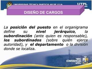 DISEÑO DE CARGOS
LaLa posición del puestoposición del puesto en el organigramaen el organigrama
define sudefine su nivel jerárquiconivel jerárquico, la, la
subordinaciónsubordinación (ante quien es responsable),(ante quien es responsable),
los subordinadoslos subordinados (sobre quién ejerce(sobre quién ejerce
autoridad), yautoridad), y el departamentoel departamento o la divisióno la división
donde se localiza.donde se localiza.
 