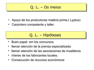 Q. L. – Os meios


• Apoyo de los productores matéria prima.( Lyptus)
• Carpintero competente y taller.


                Q. L. – Hipóteses
•   Buen papel em los concursos.
•   llamar atención de la prensa especializada.
•   llamar atención de las asociaciones de muebleros
•   Interes de los fabricantes locales.
•   Consecución de recursos económicos
 