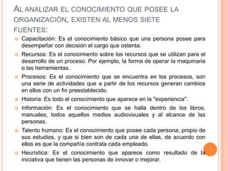 Al analizar el conocimiento que posee la organización, existen al menos siete fuentes:Capacitación: Es el conocimiento básico que una persona posee para desempeñar con decisión el cargo que ostenta. Recursos: Es el conocimiento sobre los recursos que se utilizan para el desarrollo de un proceso. Por ejemplo, la forma de operar la maquinaria o las herramientas. Procesos: Es el conocimiento que se encuentra en los procesos, son una serie de actividades que a partir de los recursos generan cambios en ellos con un fin preestablecido. Historia: Es todo el conocimiento que aparece en la "experiencia". Información: Es el conocimiento que se halla dentro de los libros, manuales, todos aquellos medios audiovisuales y al alcance de las personas. Talento humano: Es el conocimiento que posee cada persona, propio de sus estudios, y que si bien son de cada una de ellas, de acuerdo con ellos es que la compañía contrata cada empleado. Heurística: Es el conocimiento que aparece como resultado de la iniciativa que tienen las personas de innovar o mejorar. 