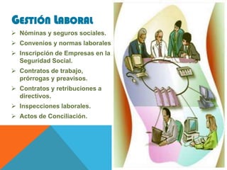 GESTIÓN LABORAL
 Nóminas y seguros sociales.
 Convenios y normas laborales.
 Inscripción de Empresas en la
  Seguridad Social.
 Contratos de trabajo,
  prórrogas y preavisos.
 Contratos y retribuciones a
  directivos.
 Inspecciones laborales.
 Actos de Conciliación.
 