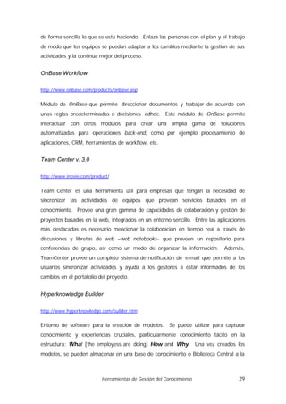 de forma sencilla lo que se está haciendo. Enlaza las personas con el plan y el trabajo
de modo que los equipos se puedan adaptar a los cambios mediante la gestión de sus
actividades y la continua mejor del proceso.


OnBase Workflow

http://www.onbase.com/products/onbase.asp


Módulo de OnBase que permite direccionar documentos y trabajar de acuerdo con
unas reglas predeterminadas o decisiones adhoc. Este módulo de OnBase permite
interactuar con otros módulos para crear una amplia gama de soluciones
automatizadas para operaciones back-end, como por ejemplo procesamiento de
aplicaciones, CRM, herramientas de workflow, etc.


Team Center v. 3.0

http://www.inovie.com/product/


Team Center es una herramienta útil para empresas que tengan la necesidad de
sincronizar las actividades de equipos que provean servicios basados en el
conocimiento. Provee una gran gamma de capacidades de colaboración y gestión de
proyectos basados en la web, integrados en un entorno sencillo. Entre las aplicaciones
más destacadas es necesario mencionar la colaboración en tiempo real a través de
discusiones y libretas de web –web notebooks- que proveen un repositorio para
conferencias de grupo, así como un modo de organizar la información.            Además,
TeamCenter provee un completo sistema de notificación de e-mail que permite a los
usuarios sincronizar actividades y ayuda a los gestores a estar informados de los
cambios en el portafolio del proyecto.


Hyperknowledge Builder

http://www.hyperknowledge.com/builder.htm


Entorno de software para la creación de modelos.        Se puede utilizar para capturar
conocimiento y experiencias cruciales, particularmente conocimiento tácito en la
estructura: What [the employess are doing] How and Why.              Una vez creados los
modelos, se pueden almacenar en una base de conocimiento o Biblioteca Central a la



                          Herramientas de Gestión del Conocimiento                   29
 