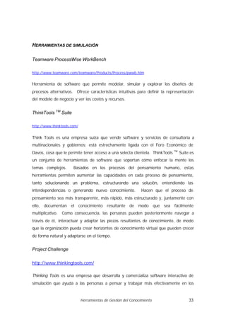 HERRAMIENTAS DE SIMULACIÓN

Teamware ProcessWise WorkBench

http://www.teamware.com/teamware/Products/Process/pwwb.htm


Herramienta de software que permite modelar, simular y explorar los diseños de
procesos alternativos. Ofrece características intuitivas para definir la representación
del modelo de negocio y ver los costes y recursos.


ThinkTools TM Suite

http://www.thinktools.com/


Think Tools es una empresa suiza que vende software y servicios de consultoría a
multinacionales y gobiernos; está estrechamente ligada con el Foro Económico de
                                                                              TM
Davos, cosa que le permite tener acceso a una selecta clientela. ThinkTools        Suite es
un conjunto de herramientas de software que soportan cómo enfocar la mente los
temas complejos.       Basados en los procesos del pensamiento humano, estas
herramientas permiten aumentar las capacidades en cada proceso de pensamiento,
tanto solucionando un problema, estructurando una solución, entendiendo las
interdependencias o generando nuevo conocimiento.              Hacen que el proceso de
pensamiento sea más transparente, más rápido, más estructurado y, juntamente con
ello, documentan el conocimiento resultante de modo que sea fácilmente
multiplicativo.   Como consecuencia, las personas pueden posteriormente navegar a
través de él, interactuar y adaptar las piezas resultantes de conocimiento, de modo
que la organización pueda crear horizontes de conocimiento virtual que pueden crecer
de forma natural y adaptarse en el tiempo.


Project Challenge


http://www.thinkingtools.com/

Thinking Tools es una empresa que desarrolla y comercializa software interactivo de
simulación que ayuda a las personas a pensar y trabajar más efectivamente en los


                             Herramientas de Gestión del Conocimiento                   33
 