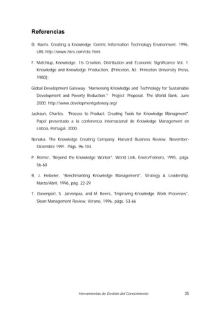 Referencias

D. Harris. Creating a Knowledge Centric Information Technology Environment. 1996,
  URL:http://www.htcs.com/ckc.html.

F. Matchlup, Knowledge: Its Creation, Distribution and Economic Significance Vol. 1:
  Knowledge and Knowledge Production, (Princeton, NJ: Princeton University Press,
  1980);

Global Development Gateway. "Harnessing Knowledge and Technology for Sustainable
  Development and Poverty Reduction." Project Proposal. The World Bank, June
  2000. http://www.developmentgateway.org/

Jackson, Charles. "Process to Product: Creating Tools for Knowledge Managment".
  Papel presentado a la conferencia internacional de Knowledge Management en
  Lisboa, Portugal, 2000.

Nonaka. The Knowledge Creating Company. Harvard Business Review, November-
  Diciembre 1991. Págs. 96-104.

P. Romer, "Beyond the Knowledge Worker", World Link, Enero/Febrero, 1995, págs.
  56-60

R. J. Heibeler, "Benchmarking Knowledge Management", Strategy & Leadership,
  Marzo/Abril, 1996, pág. 22-29

T. Davenport, S. Jarvenpaa, and M. Beers, "Improving Knowledge Work Processes",
  Sloan Management Review, Verano, 1996, págs. 53-66




                            Herramientas de Gestión del Conocimiento             35
 