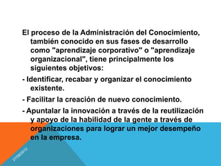 El proceso de la Administración del Conocimiento,
   también conocido en sus fases de desarrollo
   como "aprendizaje corporativo" o "aprendizaje
   organizacional", tiene principalmente los
   siguientes objetivos:
- Identificar, recabar y organizar el conocimiento
   existente.
- Facilitar la creación de nuevo conocimiento.
- Apuntalar la innovación a través de la reutilización
   y apoyo de la habilidad de la gente a través de
   organizaciones para lograr un mejor desempeño
   en la empresa.
 