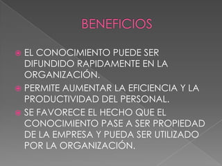  EL CONOCIMIENTO PUEDE SER
  DIFUNDIDO RAPIDAMENTE EN LA
  ORGANIZACIÓN.
 PERMITE AUMENTAR LA EFICIENCIA Y LA
  PRODUCTIVIDAD DEL PERSONAL.
 SE FAVORECE EL HECHO QUE EL
  CONOCIMIENTO PASE A SER PROPIEDAD
  DE LA EMPRESA Y PUEDA SER UTILIZADO
  POR LA ORGANIZACIÓN.
 