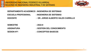 Universidad Nacional
Federico Villarreal
UNIVERSIDAD NACIONAL FEDERICO VILLARREAL
FACULTAD DE INGENIERIA INDUSTRIAL Y DE SISTEMAS
1
DEPARTAMENTO ACADEMICO : INGENIERIA DE SISTEMAS
ESCUELA PROFESIONAL : INGENIERIA DE SISTEMAS
DOCENTE : DR. JORGE ALBERTO VALES CARRILLO
SEMESTRE : 2022-II
ASIGNATURA : GESTION DEL CONOCIMIENTO
SESION Nº1 : CONCEPTOS BASICOS
 