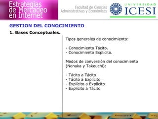 GESTION DEL CONOCIMIENTO
1. Bases Conceptuales.
                         Tipos generales de conocimiento:

                         - Conocimiento Tácito.
                         - Conocimiento Explícito.

                         Modos de conversión del conocimiento
                         (Nonaka y Takeuchi):

                         -   Tácito a Tácito
                         -   Tácito a Explícito
                         -   Explícito a Explícito
                         -   Explícito a Tácito
 