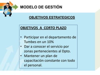 MODELO DE GESTIÓN
OBJETIVOS ESTRATEGICOS
OBJETIVOS A CORTO PLAZO
• Participar en el departamento de
Tumbes en un 10%
• Dar a conocer el servicio por
zonas pertenecientes al Dpto.
• Mantener un plan de
capacitación constante con todo
el personal.
 