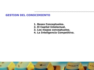 GESTION DEL CONOCIMIENTO   1. Bases Conceptuales.  2.  El Capital Intelectual . 3. Los mapas conceptuales. 4. La Inteligencia Competitiva. 