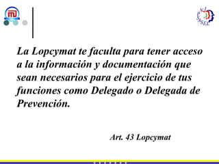 La Lopcymat te faculta para tener acceso a la información y documentación que sean necesarios para el ejercicio de tus funciones como Delegado o Delegada de Prevención. Art. 43 Lopcymat 