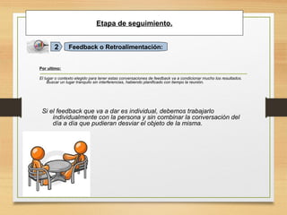 Etapa de seguimiento.
Feedback o Retroalimentación:2
Por ultimo:
El lugar o contexto elegido para tener estas conversaciones de feedback va a condicionar mucho los resultados.
Buscar un lugar tranquilo sin interferencias, habiendo planificado con tiempo la reunión.
Si el feedback que va a dar es individual, debemos trabajarlo
individualmente con la persona y sin combinar la conversación del
día a día que pudieran desviar el objeto de la misma.
 