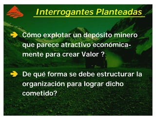 ââââ Cómo explotar un depósito minero
que parece atractivo económica-
mente para crear Valor ?
ââââ De qué forma se debe estructurar la
organización para lograr dicho
cometido?
Interrogantes Planteadas
 