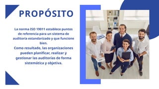 La norma ISO 19011 establece puntos
de referencia para un sistema de
auditoría estandarizado y que funcione
bien.
Como resultado, las organizaciones
pueden planificar, realizar y
gestionar las auditorías de forma
sistemática y objetiva.
PROPÓSITO
 