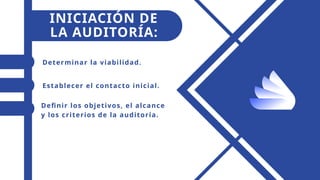 INICIACIÓN DE
LA AUDITORÍA:
Determinar la viabilidad.
Establecer el contacto inicial.
Definir los objetivos, el alcance
y los criterios de la auditoría.
 