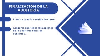 FINALIZACIÓN DE LA
AUDITORÍA
Llevar a cabo la reunión de cierre.
Asegurar que todos los aspectos
de la auditoría han sido
cubiertos.
 
