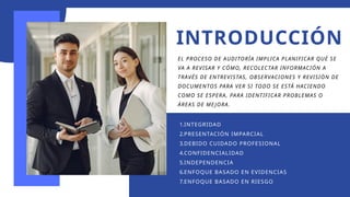 INTRODUCCIÓN
1.INTEGRIDAD
2.PRESENTACIÓN IMPARCIAL
3.DEBIDO CUIDADO PROFESIONAL
4.CONFIDENCIALIDAD
5.INDEPENDENCIA
6.ENFOQUE BASADO EN EVIDENCIAS
7.ENFOQUE BASADO EN RIESGO
EL PROCESO DE AUDITORÍA IMPLICA PLANIFICAR QUÉ SE
VA A REVISAR Y CÓMO, RECOLECTAR INFORMACIÓN A
TRAVÉS DE ENTREVISTAS, OBSERVACIONES Y REVISIÓN DE
DOCUMENTOS PARA VER SI TODO SE ESTÁ HACIENDO
COMO SE ESPERA, PARA IDENTIFICAR PROBLEMAS O
ÁREAS DE ME JORA.
 