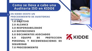1.0 OBJETIVO
2.0 ALCANCE
3.0 RESPONSABILIDADE
4.0 DEFINICIONES
5.0 DOCUMENTOS ASOCIADOS
6.0 EQUIPO DE PROTECCION
PERSONAL Y RECOMENDACIONES DE
SEGURIDAD
7.0 PROCEDIMIENTO
EN KIDDE EXISTE UN
PROCEDIMIENTO DE AUDITORIAS
INTERNAS
1
Como se lleva a cabo una
Auditoria ISO en KIDDE
 