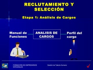 RECLUTAMIENTO Y
               SELECCIÓN
          Etapa 1: Análisis de Cargos



Manual de              ANALISIS DE                  Perfil del
Funciones               CARGOS                      cargo




 FORMACIÓN DE EMPRESARIOS   Gestión de Talento Humano
 INTEGRALES
 