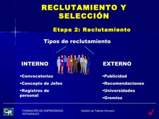 RECLUTAMIENTO Y
               SELECCIÓN
                   Etapa 2: Reclutamiento

             Tipos de reclutamiento



INTERNO                                     EXTERNO

•Convocatorias                             •Publicidad
•Concepto de Jefes                         •Recomendaciones
•Registros de                              •Universidades
personal
                                           •Gremios


 FORMACIÓN DE EMPRESARIOS   Gestión de Talento Humano
 INTEGRALES
 