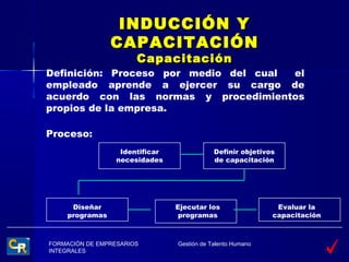 INDUCCIÓN Y
                CAPACITACIÓN
                       Capacitación
Definición: Proceso por medio del cual el
empleado aprende a ejercer su cargo de
acuerdo con las normas y procedimientos
propios de la empresa.

Proceso:
                   Identificar               Definir objetivos
                  necesidades                de capacitación




     Diseñar                     Ejecutar los                 Evaluar la
    programas                     programas                  capacitación



FORMACIÓN DE EMPRESARIOS         Gestión de Talento Humano
INTEGRALES
 