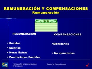REMUNERACIÓN Y COMPENSACIONES
                        Remuneración




    REMUNERACION                         COMPENSACIONES


 • Sueldos                            •Monetarias
 • Salarios
 • Horas Extras                       • No monetarias
 • Prestaciones Sociales

     FORMACIÓN DE EMPRESARIOS   Gestión de Talento Humano
     INTEGRALES
 