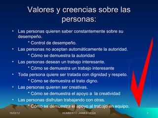 Valores y creencias sobre las
                     personas:
  • Las personas quieren saber constantemente sobre su
    desempeño.
         * Control de desempeño.
  • Las personas no aceptan automáticamente la autoridad.
         * Cómo se demuestra la autoridad
  • Las personas desean un trabajo interesante.
         * Cómo se demuestra un trabajo interesante
  • Toda persona quiere ser tratada con dignidad y respeto.
         * Cómo se demuestra el trato digno.
  • Las personas quieren ser creativas.
         * Cómo se demuestra el apoyo a la creatividad
  • Las personas disfrutan trabajando con otras.
         * Cómo se demuestra el apoyo al trabajo en equipo.
15/03/12                  HUMBERTO JAIMES VEGA                9
 