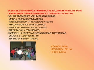 EN ESTA ERA LAS PERSONAS TRABAJADORAS SE CONSIDERAN SOCIAS DE LA
ORGANIZACIÓN Y DEBEN RESPONDER A LOS SIGUIENTES ASPECTOS.
-SON COLABORADORES AGRUPADOS EN EQUIPOS.
- METAS Y OBJETIVOS COMPARTIDOS.
- INTERDEENDENCIA ENTRE COLEGAS Y EQUIPO
- PREOCUPACION POR LOS RESULTADOS.
- ATENCION Y SATISFACCION DEL CLIENTE.
- PARTICIPACION Y COMPROMISO.
-ENFASIS EN LA ETICA Y LA RESPONSABILIDAD, PUNTUALIDAD.
- ENFACIS EN EL CONOCIMIENTO.
- SER EFICIENTE EN SU TRABAJO.
VEAMOS UNA
HISTORIA DE LA
EFICIENCIA.
 