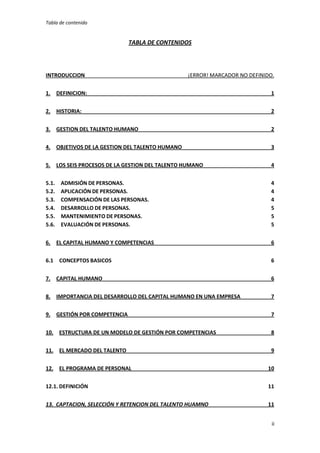 Tabla de contenido

TABLA DE CONTENIDOS

INTRODUCCION

¡ERROR! MARCADOR NO DEFINIDO.

1. DEFINICION:

1

2. HISTORIA:

2

3. GESTION DEL TALENTO HUMANO

2

4. OBJETIVOS DE LA GESTION DEL TALENTO HUMANO

3

5. LOS SEIS PROCESOS DE LA GESTION DEL TALENTO HUMANO

4

5.1.
5.2.
5.3.
5.4.
5.5.
5.6.

4
4
4
5
5
5

ADMISIÓN DE PERSONAS.
APLICACIÓN DE PERSONAS.
COMPENSACIÓN DE LAS PERSONAS.
DESARROLLO DE PERSONAS.
MANTENIMIENTO DE PERSONAS.
EVALUACIÓN DE PERSONAS.

6. EL CAPITAL HUMANO Y COMPETENCIAS

6

6.1 CONCEPTOS BASICOS

6

7. CAPITAL HUMANO

6

8. IMPORTANCIA DEL DESARROLLO DEL CAPITAL HUMANO EN UNA EMPRESA

7

9. GESTIÓN POR COMPETENCIA

7

10. ESTRUCTURA DE UN MODELO DE GESTIÓN POR COMPETENCIAS

8

11. EL MERCADO DEL TALENTO

9

12. EL PROGRAMA DE PERSONAL

10

12.1. DEFINICIÓN

11

13. CAPTACION, SELECCIÓN Y RETENCION DEL TALENTO HUAMNO

11
ii

 