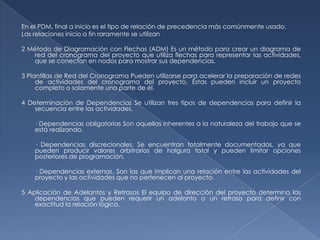 En el PDM, final a inicio es el tipo de relación de precedencia más comúnmente usado.
Las relaciones inicio a fin raramente se utilizan

2 Método de Diagramación con Flechas (ADM) Es un método para crear un diagrama de
    red del cronograma del proyecto que utiliza flechas para representar las actividades,
    que se conectan en nodos para mostrar sus dependencias.

3 Plantillas de Red del Cronograma Pueden utilizarse para acelerar la preparación de redes
     de actividades del cronograma del proyecto. Éstas pueden incluir un proyecto
     completo o solamente una parte de él.

4 Determinación de Dependencias Se utilizan tres tipos de dependencias para definir la
    secuencia entre las actividades.

    · Dependencias obligatorias Son aquellas inherentes a la naturaleza del trabajo que se
    está realizando.

    · Dependencias discrecionales. Se encuentran totalmente documentadas, ya que
    pueden producir valores arbitrarios de holgura total y pueden limitar opciones
    posteriores de programación.

    · Dependencias externas. Son las que implican una relación entre las actividades del
    proyecto y las actividades que no pertenecen al proyecto.

5 Aplicación de Adelantos y Retrasos El equipo de dirección del proyecto determina las
    dependencias que pueden requerir un adelanto o un retraso para definir con
    exactitud la relación lógica.
 