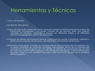 1 Juicio de Expertos

2 Análisis de Alternativas

3 Datos de Estimación Publicados Varias empresas publican periódicamente los índices de
    producción actualizados y los costes unitarios de los recursos para una extensa
    variedad de industrias, materiales y equipos, en diferentes países y en diferentes
    ubicaciones geográficas dentro de esos países.

4 Software de Gestión de Proyectos Tiene la capacidad de ayudar a planificar, organizar y
    gestionar los conjuntos de recursos, y de desarrollar estimaciones de recursos.

5 Estimación Ascendente Cuando no se puede estimar una actividad del cronograma con
     un grado razonable de confianza, el trabajo que aparece dentro de la actividad del
     cronograma se descompone con más detalle. Se estiman las necesidades de recursos
     de cada una de las partes inferiores y más detalladas del trabajo, y estas estimaciones
     se suman luego en una cantidad total para cada uno de los recursos de la actividad
     del cronograma.
 